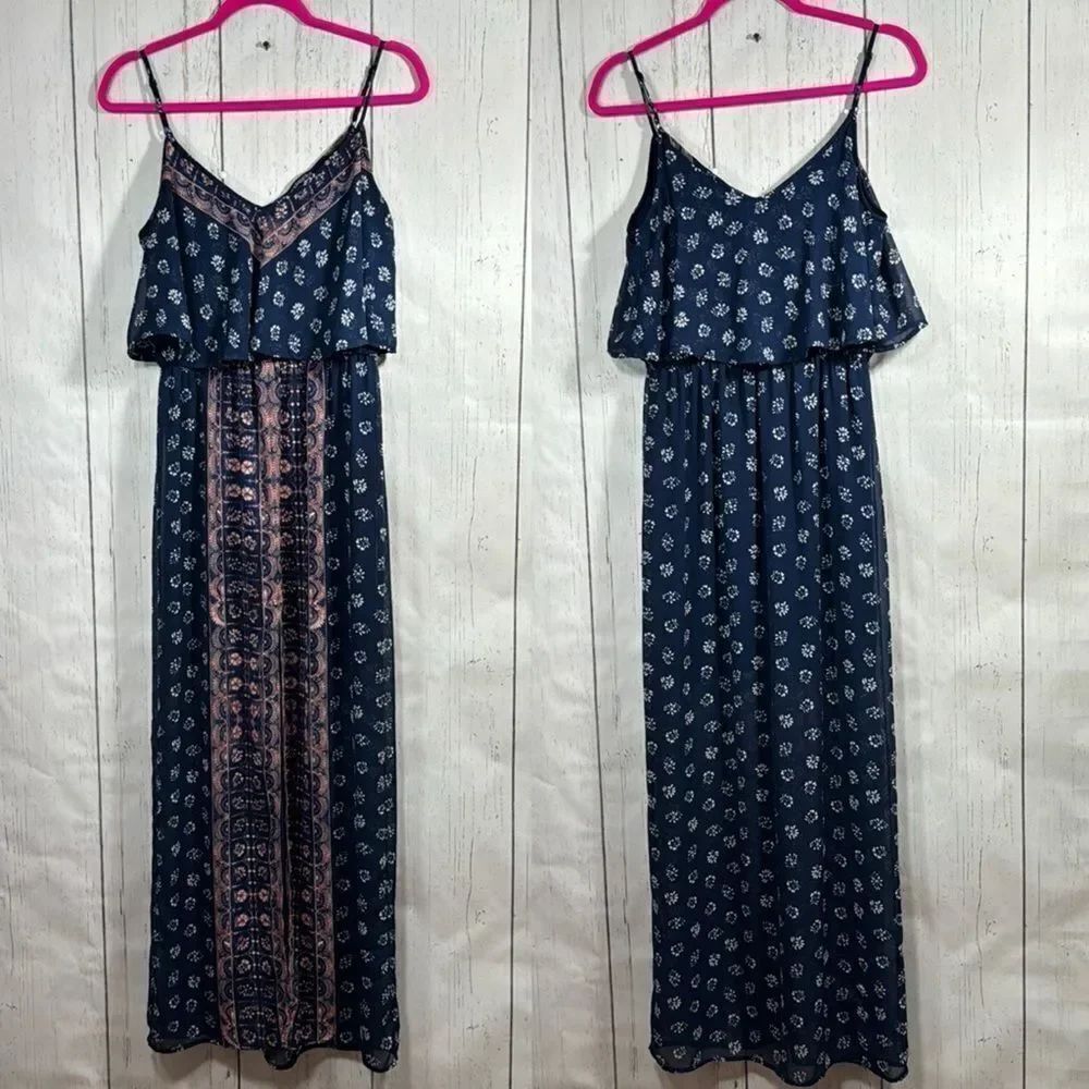 Express Navy Boho Print Maxi Dress Size S Flowy Festival Sundress Coastal Resort